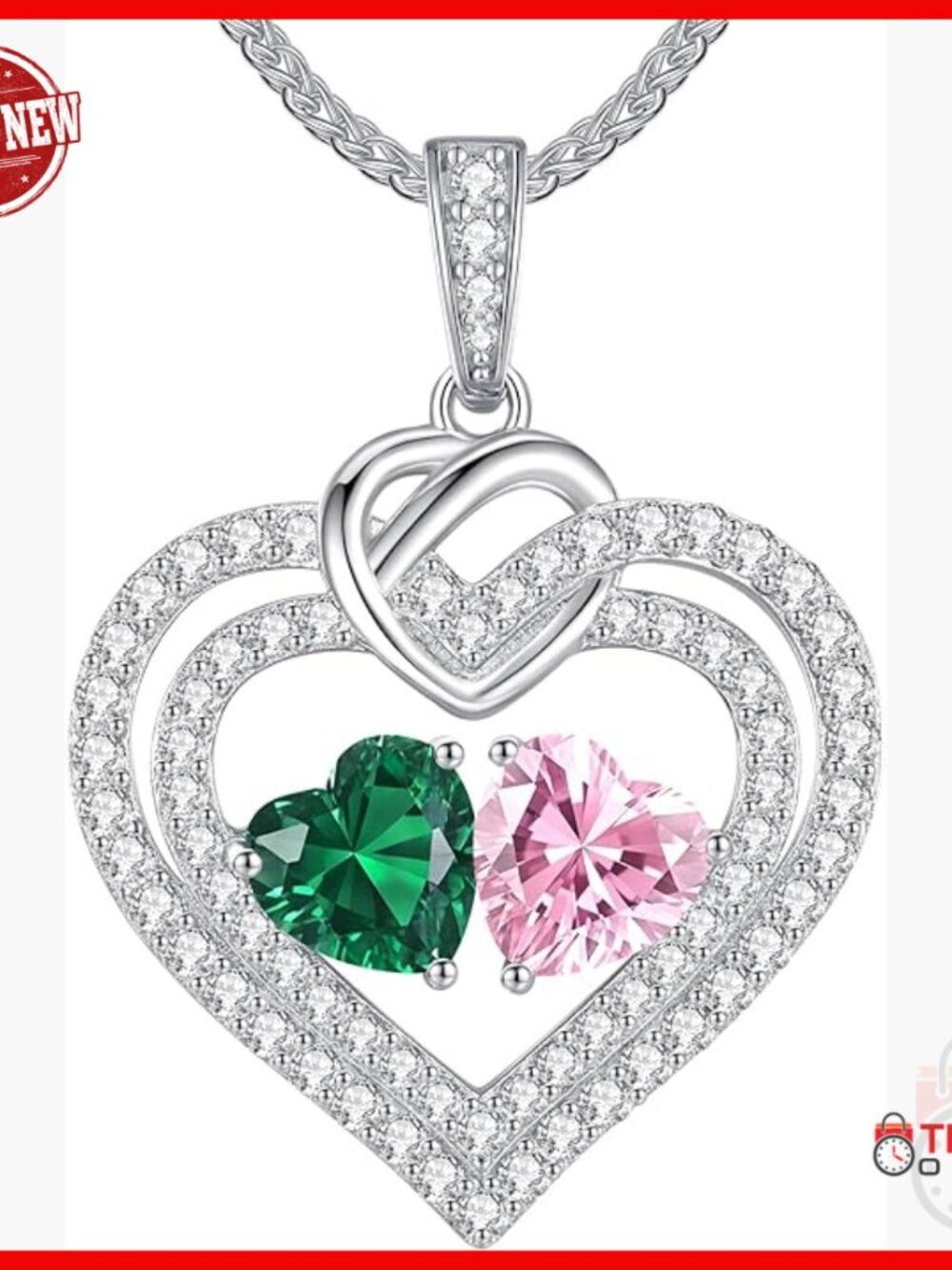 Sterling Silver Double Heart Birthstone Necklace, 18+2 Inch Adjustable Chain